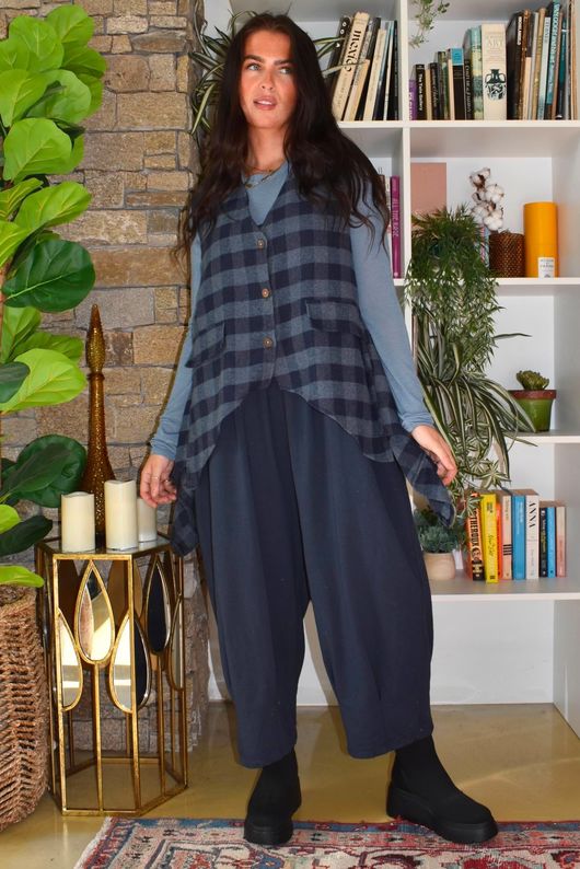 Nora Brushed Cotton Gingham Trapeze Waistcoat Navy